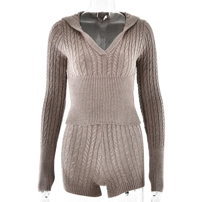 Long Sleeve Knitted V-Neck Graceful Hooded Sweater And Shorts Set