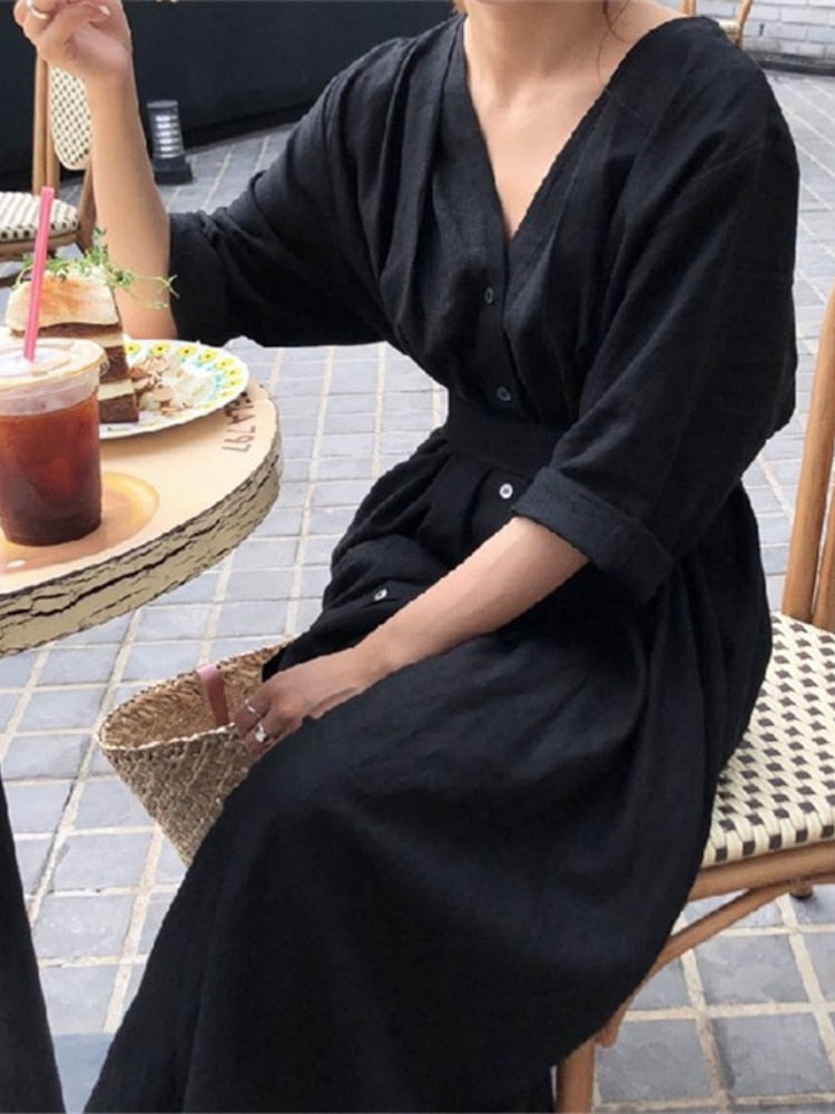 2024 Spring Linen Trendy Female Fashion Korean Sleeved Autumn Solid Blouse Gown Loose Folded Long Fitting Clothing