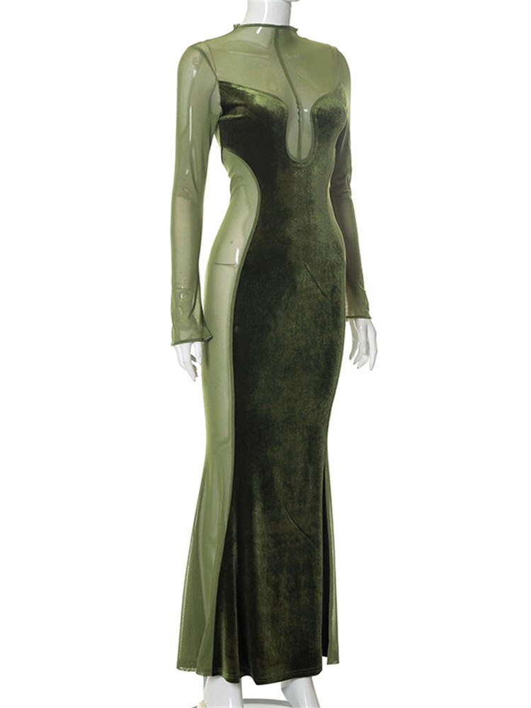 O Elegant Arm Dresses Fashion Full-Length Through Fall Party Gown Club Neck For Outfits Sexy - Long