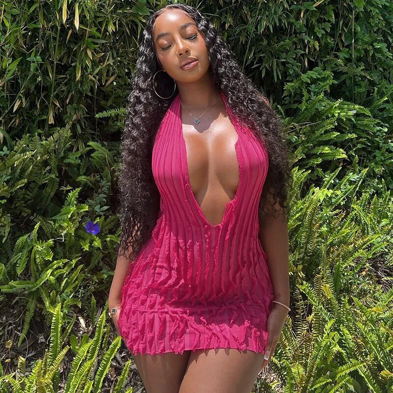 Pink Ruffles Deep Charming V-Neck Mini Dress