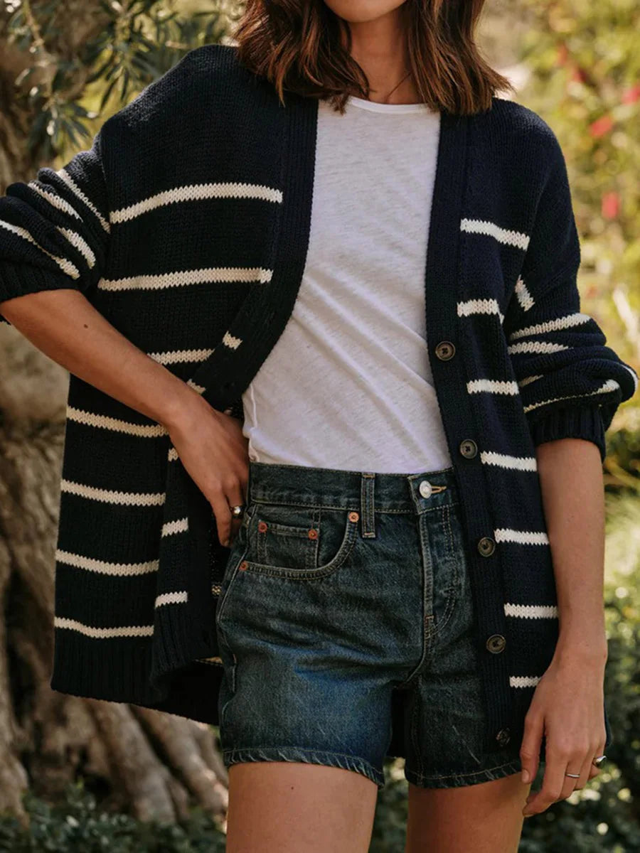 Striped V Neck Knit Cardigan