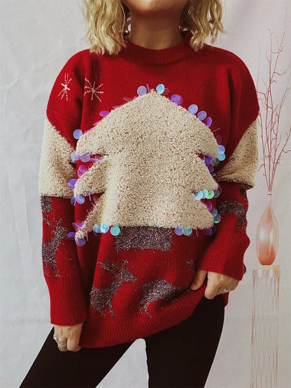 Handmade Sequins Christmas Tree Little Deer Jacquard Thickened Crew Neck Christmas Sweater