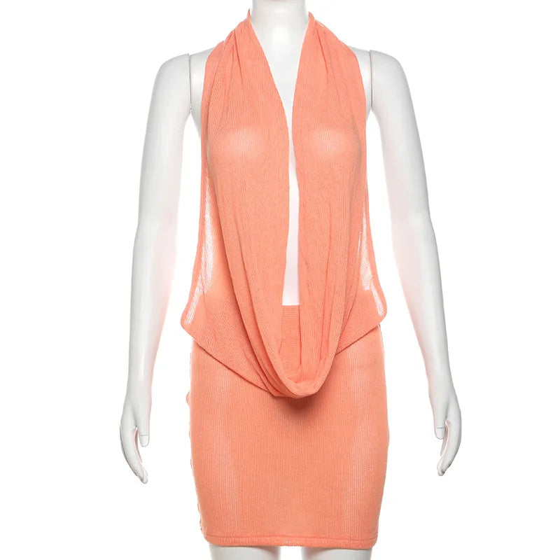 Orange Deep Neck Draped Graceful Knit Sheer Mini Dress