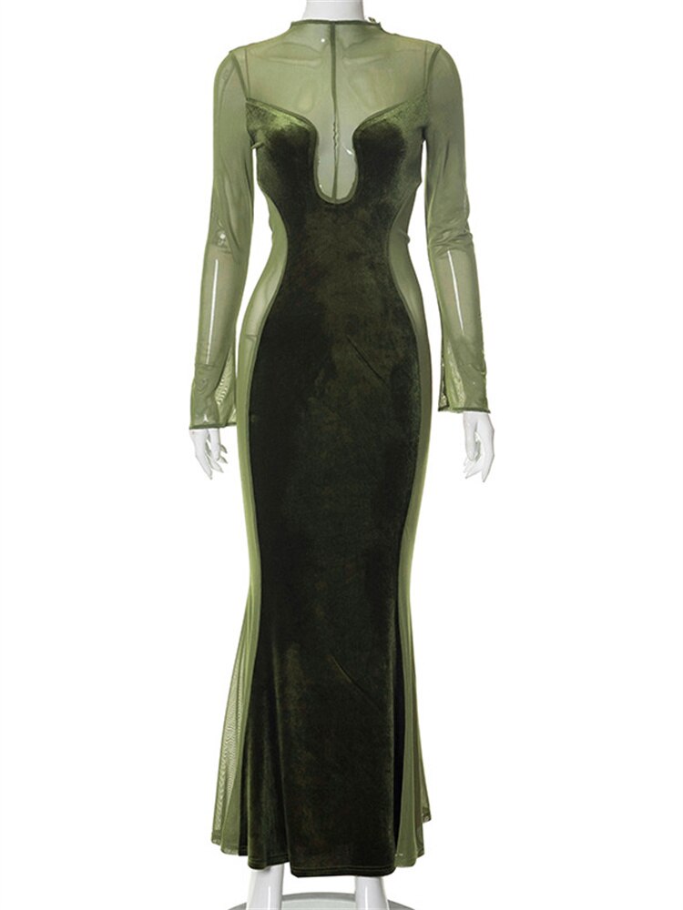 O Elegant Arm Dresses Fashion Full-Length Through Fall Party Gown Club Neck For Outfits Sexy - Long
