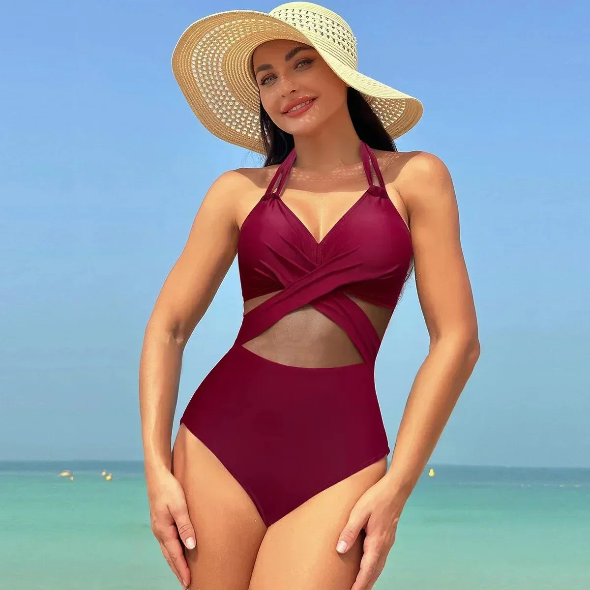 Solid Mesh V-neck One Piece Set Red / S