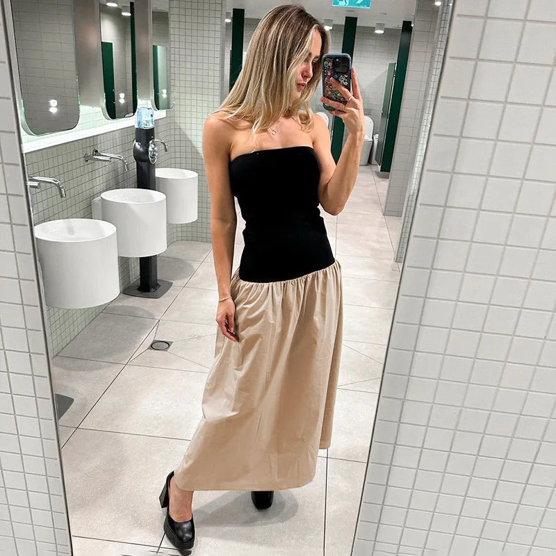 Black And White Charming Colorblock Tube Maxi Dress Open Shoulder Midi