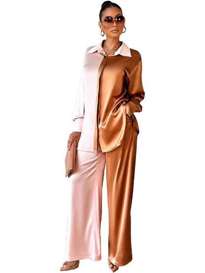 Casual - Set Elegant Women's Long and with Outfit Wide Solid Two Piece Arm Blouse Leg Loose Satin Pants