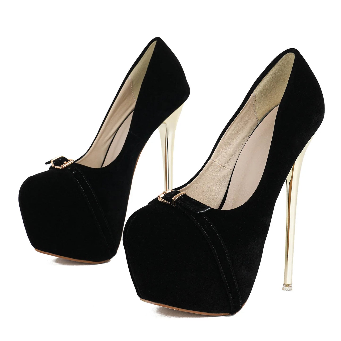 16CM Thin High Heel Women's Pumps Platform Suede Buckle Decoration Stiletto Wedding Shoe Black Rose