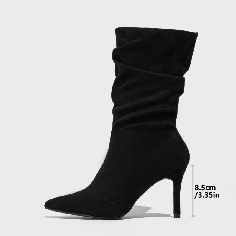 Sexy 8.5CM Thin High Heels Faux Suede Pointed Designer Pleated Mid-Calf Ladies Boots High Heel