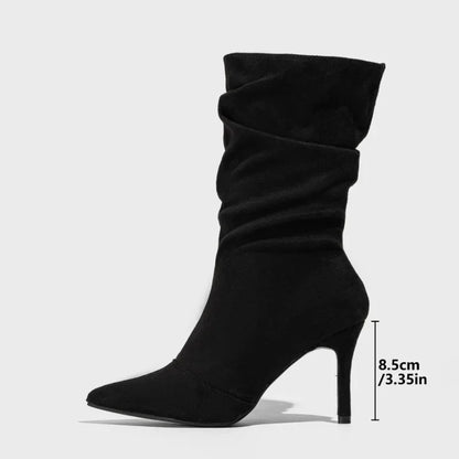 8.5CM Thin High Heels Faux Suede Pointed Mid-Calf Boots for Women - Four-season Designer Pleated Ladies Shoes