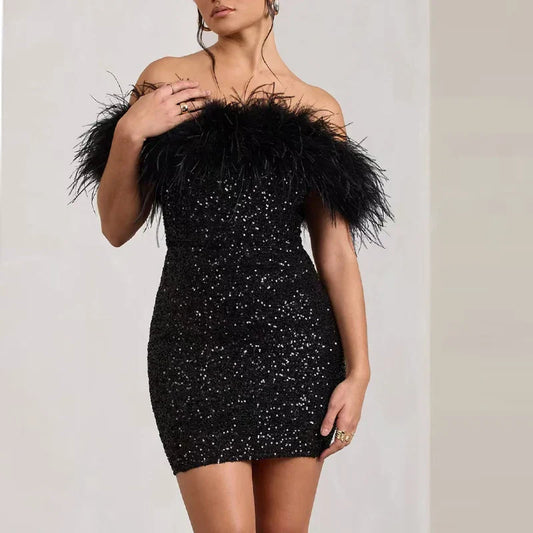 Backless Glitter Feather Slim Party Dress Black / S Partydress-241208