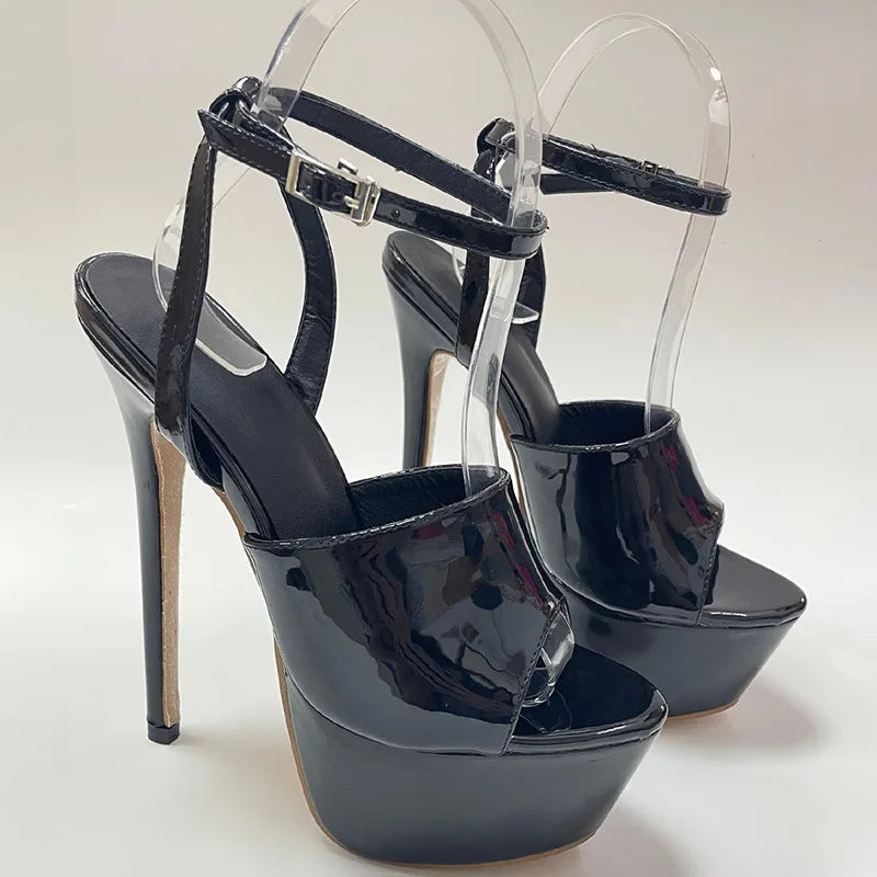 Black Platform Open Toe High Heels Sandals for Women Patent Leather Buckle Strap Stiletto Party Shoe Stripper