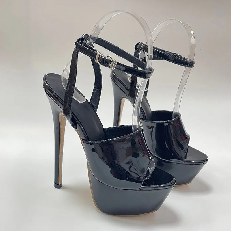 Black Platform Open Toe High Heels Sandals for Women Patent Leather Buckle Strap Stiletto Party Shoe Stripper