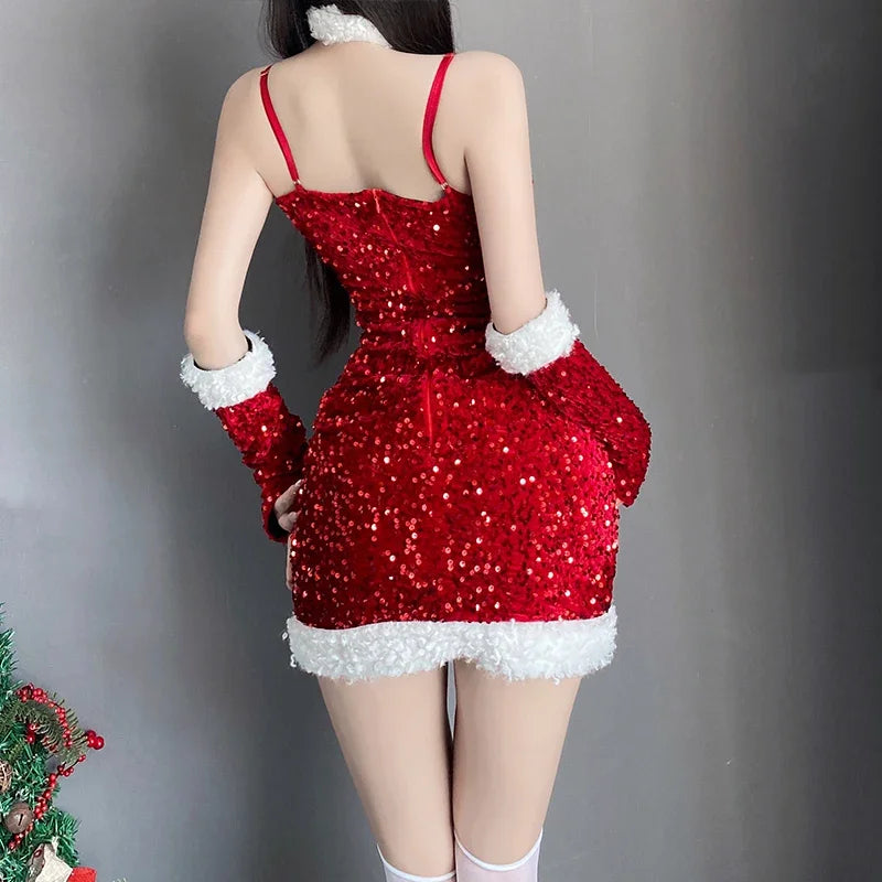 Bodycon Sexy Lady Santa Claus Cosplay Winter Red Dress Christmas Costume