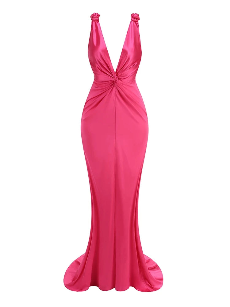 Sexy Braid Sling Deep V Neck Pleated Maxi Dress Women Christmas Party Dress