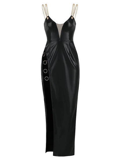 Sexy Chain Spaghetti Strap Pu Leather Maxi Black Sleeveless Christmas Party Dress