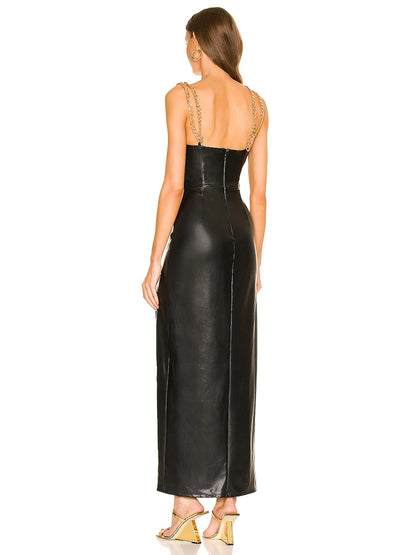 Sexy Chain Spaghetti Strap Pu Leather Maxi Black Sleeveless Christmas Party Dress