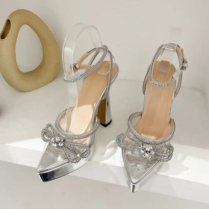 PVC Transparent Platform Sandals with Rhinestone Butterfly-knot Buckle Strap