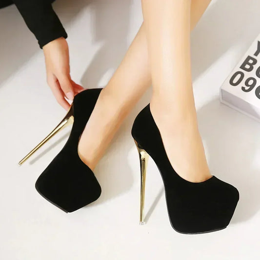 Sexy Club Suede Black High Heels 16cm Stiletto Waterproof Stripper Flock Pumps Ladies Shoes Plus Size High Heel