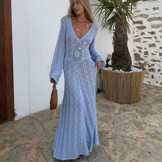 Sexy V Neck Crochet Boho Dress