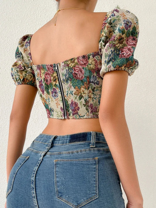 French Floral Corset Lace Up Bustier Crop Top