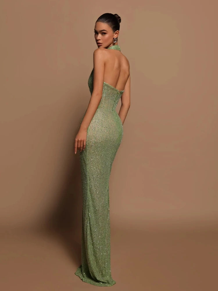 Sexy Halter Deep V Neck Sequins Green Sleeveless Backless Celebrity Christmas Party Dress