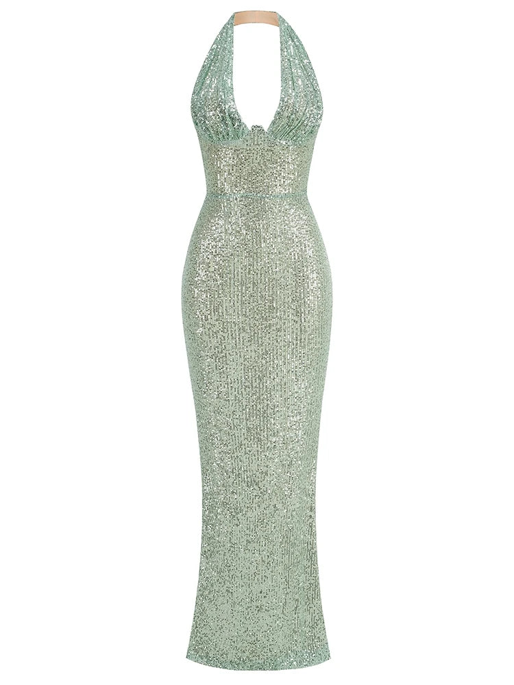 Sexy Halter Deep V Neck Sequins Green Sleeveless Backless Celebrity Christmas Party Dress