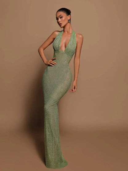 Sexy Halter Deep V Neck Sequins Green Sleeveless Backless Celebrity Christmas Party Dress