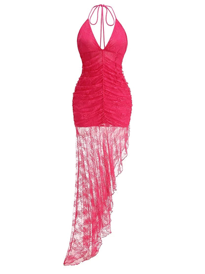 Sexy Halter Lace-up Deep V Neck Lace Ruffles Rose Red Christmas Party Dress