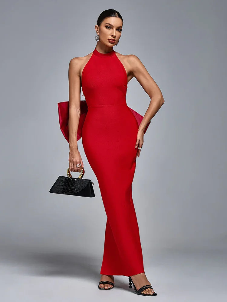 Sexy Halter Neck Backless Bow Design Red Sleeveless Bodycon Christmas Party Dress