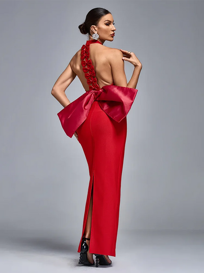 Sexy Halter Neck Backless Bow Design Red Sleeveless Bodycon Christmas Party Dress