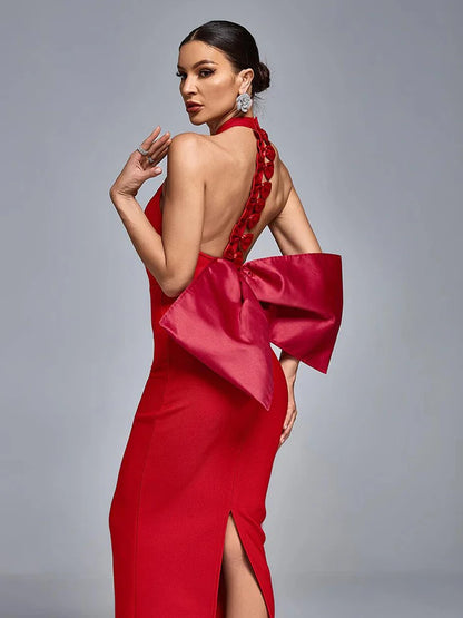 Sexy Halter Neck Backless Bow Design Red Sleeveless Bodycon Christmas Party Dress