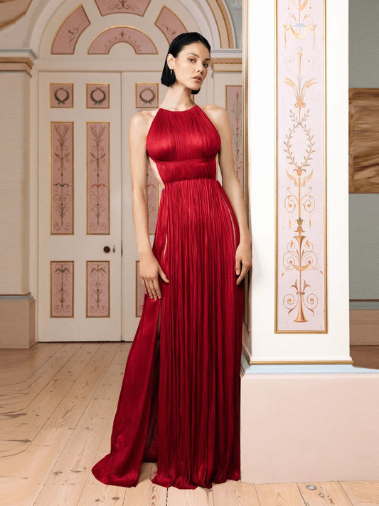 Sexy Halter Neck Chain Pleated High Split Long Dress Backless Christmas Party Dress