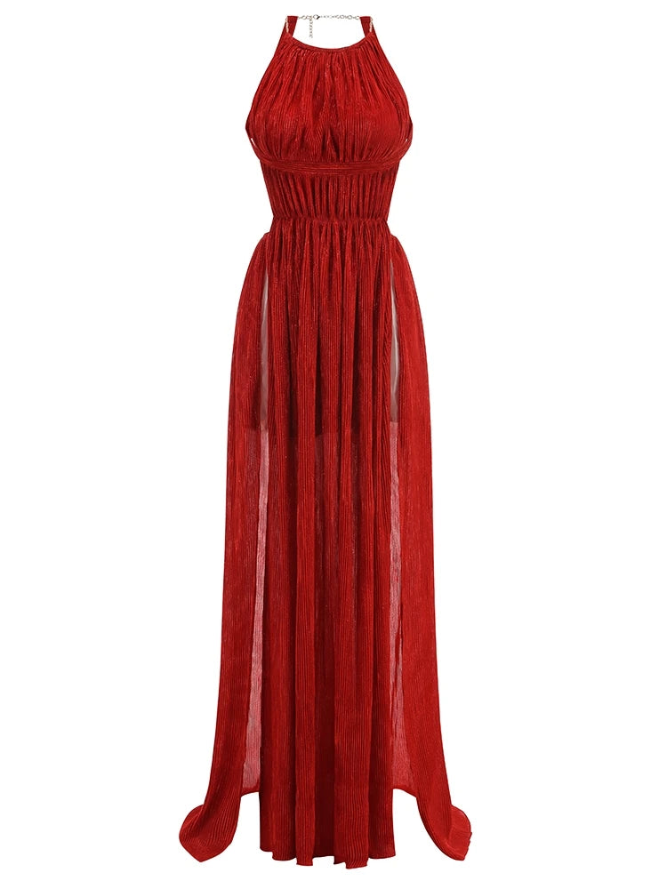 Sexy Halter Neck Chain Pleated High Split Long Dress Backless Christmas Party Dress