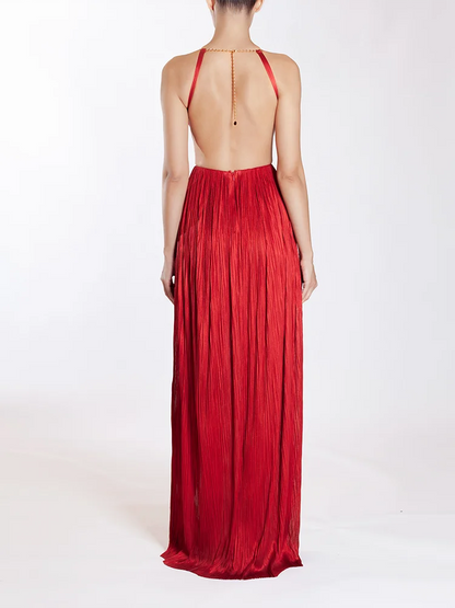 Sexy Halter Neck Chain Pleated High Split Long Dress Backless Christmas Party Dress