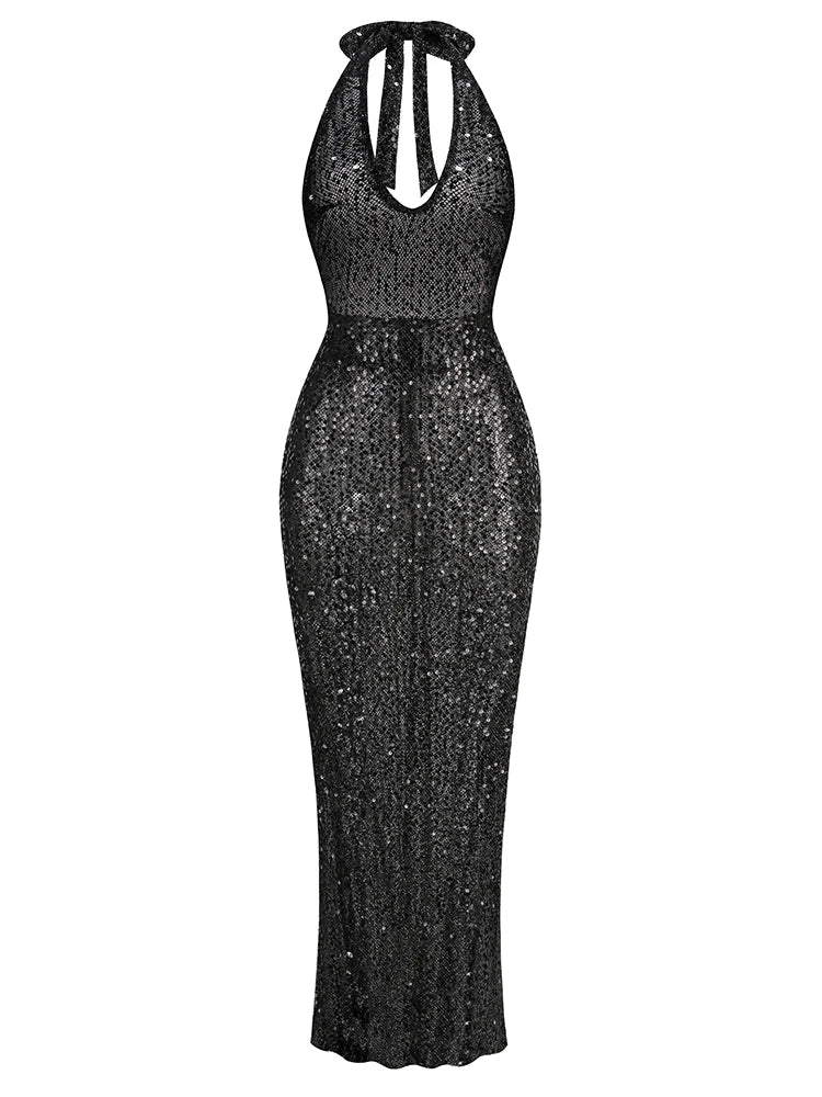 Sexy Halter Neck Lace-up Sparkly Sequins Silver Black Backless Christmas Party Dress