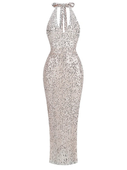 Sexy Halter Neck Lace-up Sparkly Sequins Silver Black Backless Christmas Party Dress