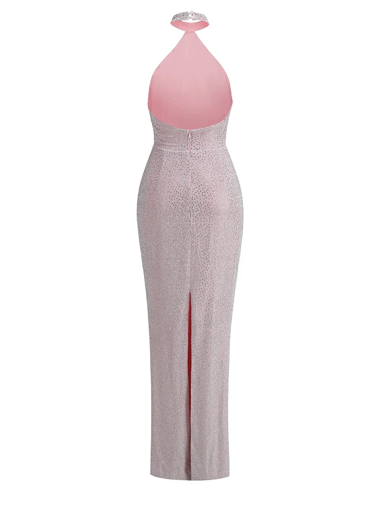 Sexy Halter Neck Shiny Diamonds Bow Maxi Dress Backless Christmas Party Dress