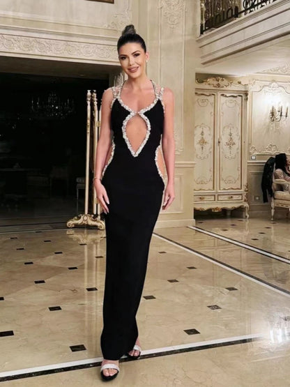 Sexy Halter Neck Sling Hollow Out Crystal Bandage Dress Long Christmas Party Dress