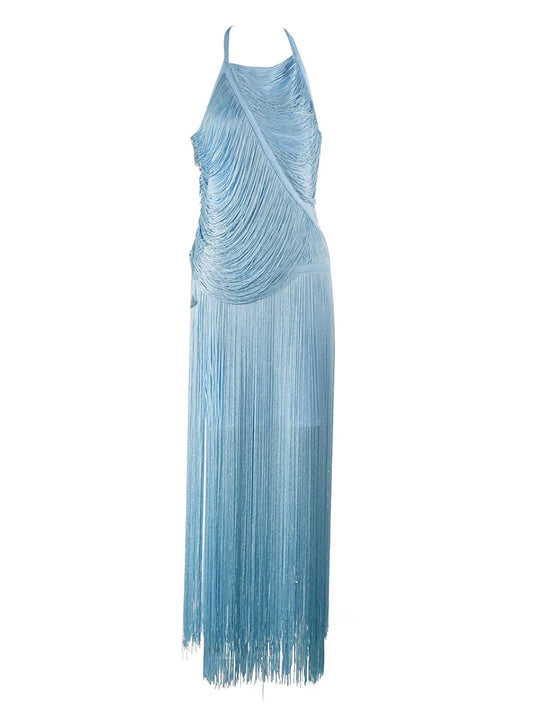 Sexy Halter Sleeveless Tassel Patchwork Bandage Dress Backless Fringe Christmas Party Sky Blue / Xs