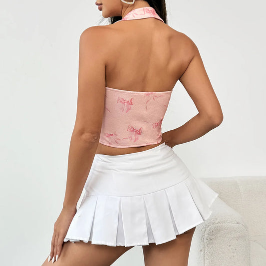 Pink Halter-neck Printed Bandage Sleeveless Crop Top