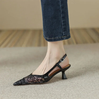 Sexy Lace Pointed Stiletto Back Empty Toe Summer Fashion Low Heel Pump