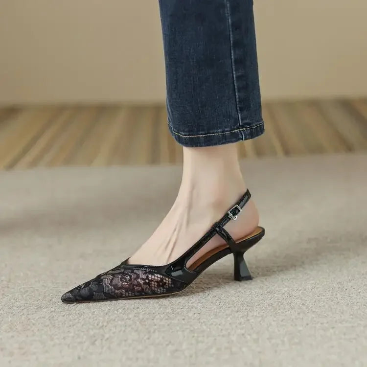 Sexy Lace Pointed Stiletto Back Empty Toe Summer Fashion Low Heel Pump