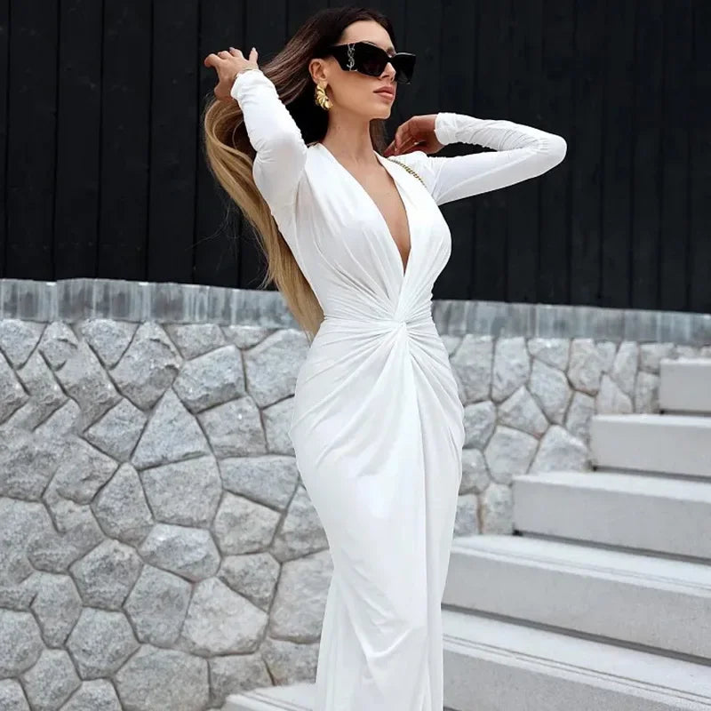 Low Cut Long Sleeve Split Deep Neck Ruched Elegant Midi Dress