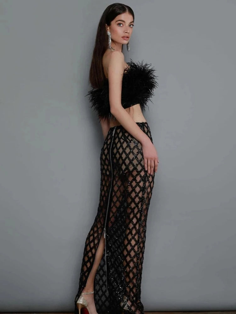 Sexy Luxury Sequins Feather Strapless Top Skirt Two Piece Set Christmas Party Dress