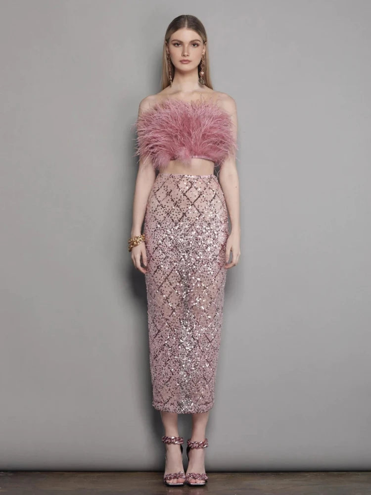 Sexy Luxury Sequins Feather Strapless Top Skirt Two Piece Set Christmas Party Dress