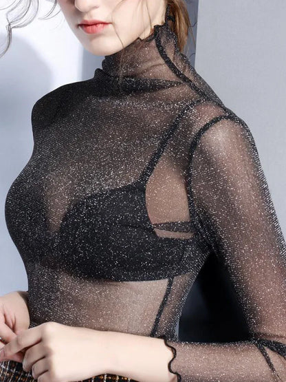 Sexy Mesh Long Sleeve Transparent See Through Femme Crop Top