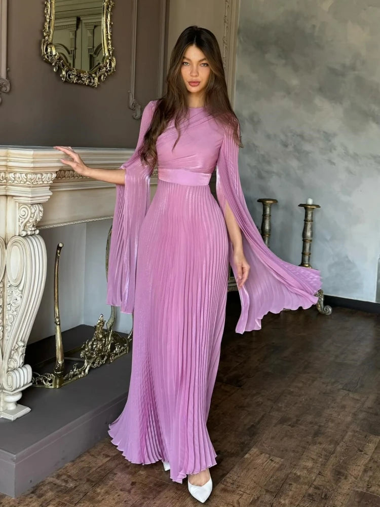 Sexy O Neck Batwing Sleeve Pleated Long Dress Women Rose Christmas Party Dress