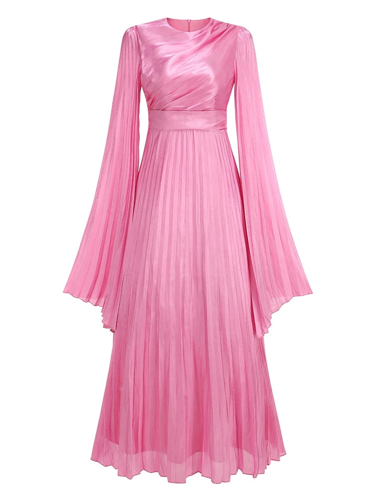 Sexy O Neck Batwing Sleeve Pleated Long Dress Women Rose Christmas Party Dress