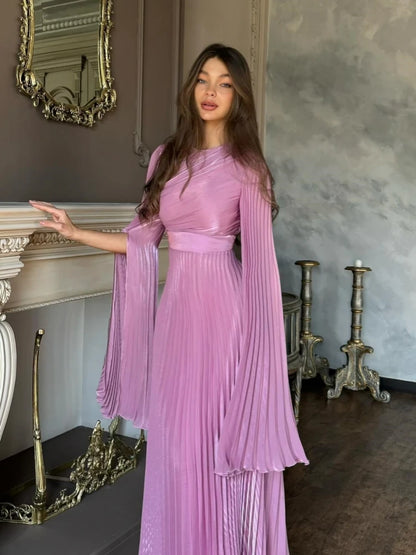 Sexy O Neck Batwing Sleeve Pleated Long Dress Women Rose Christmas Party Dress